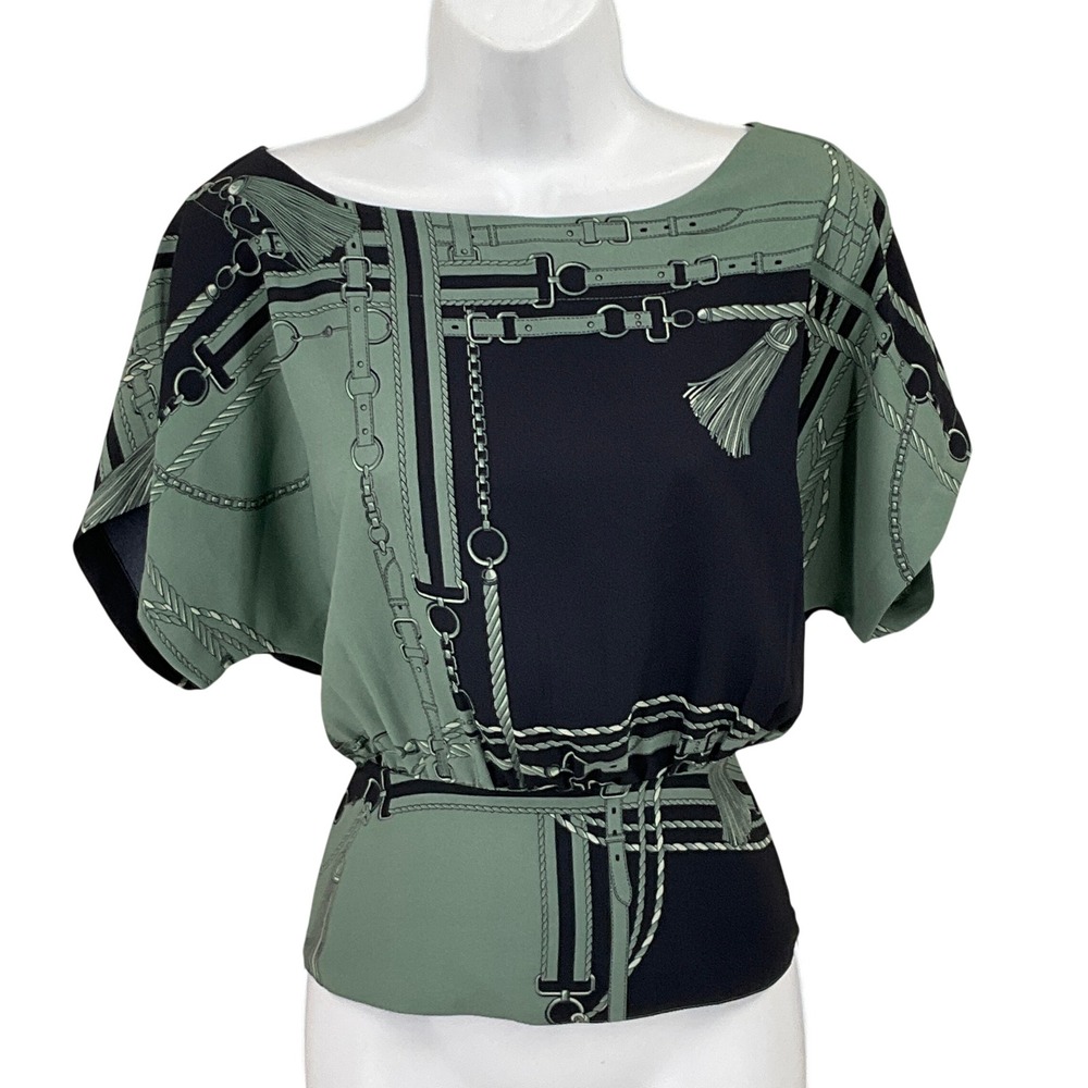 Ann Taylor Blouse Womens XS Green Equestrian Smocked Waist Back Tie Timeless